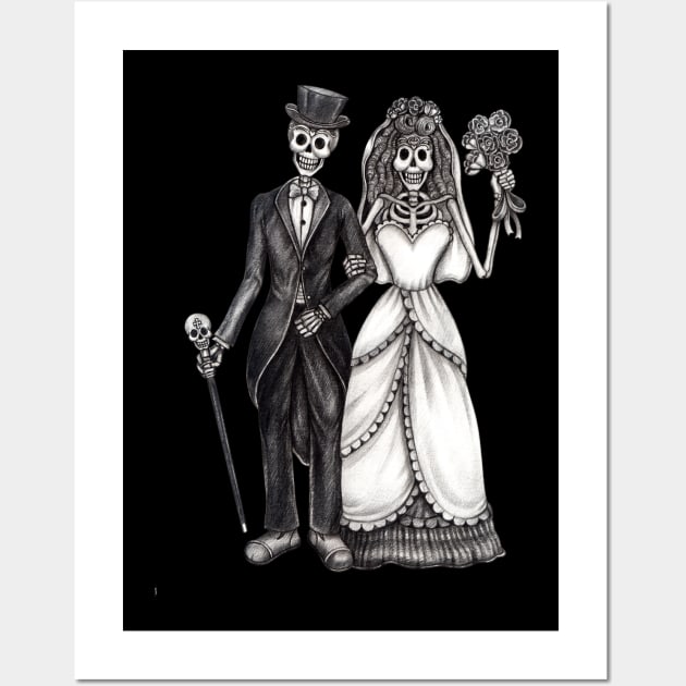 Sugar skull couple wedding celebration day of the dead. Wall Art by Jiewsurreal